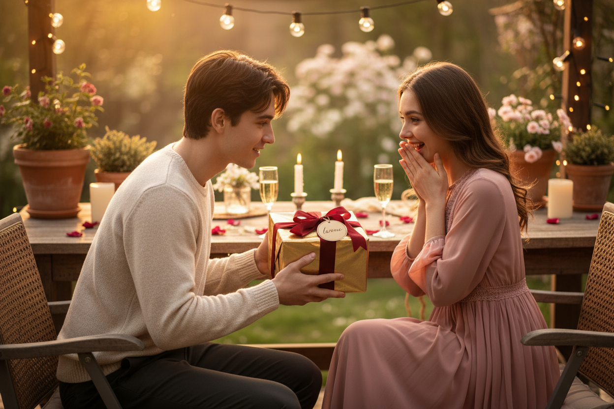 a boy giving his luvme present to his girlfriend